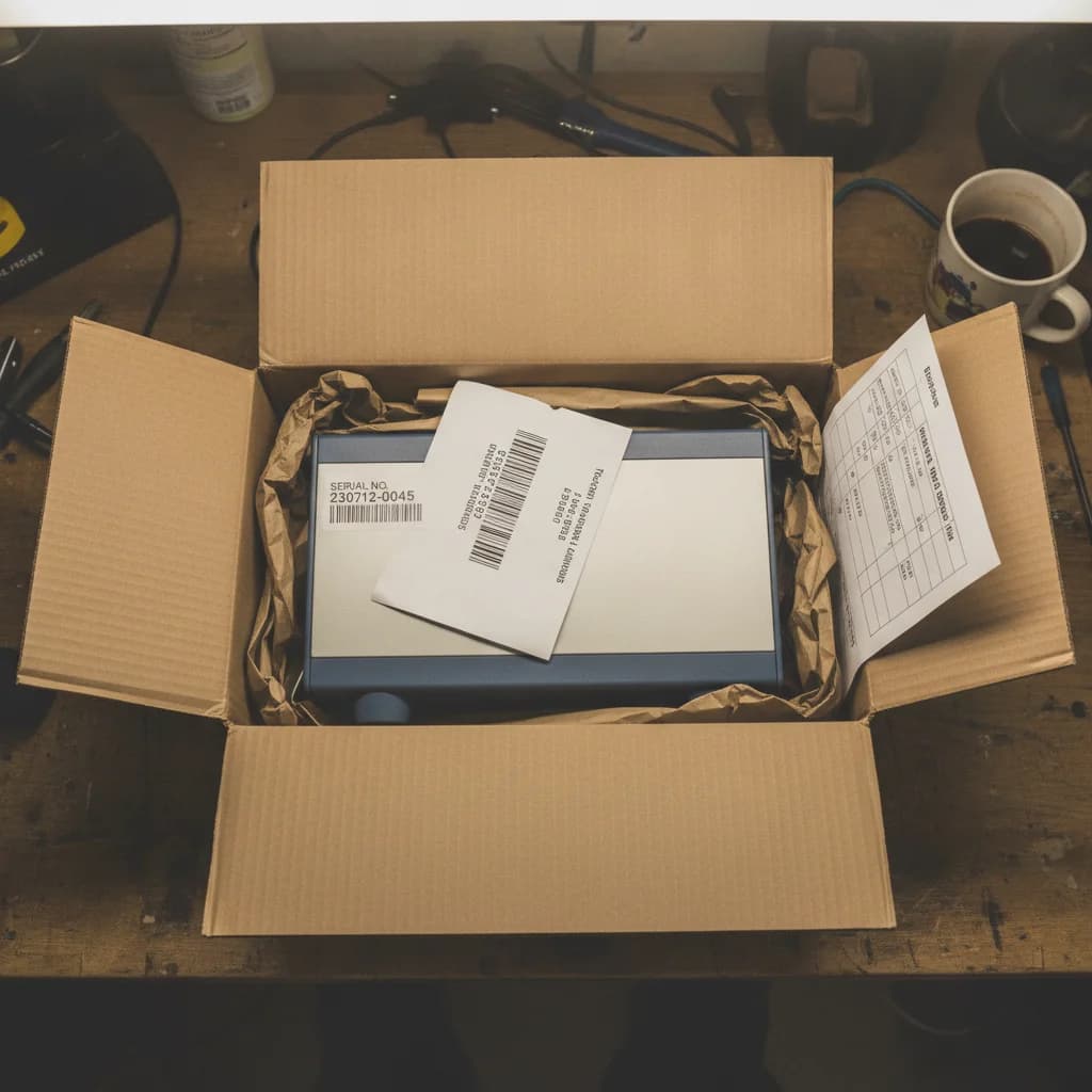 An open box of equipment with serial numbers, before it ships
