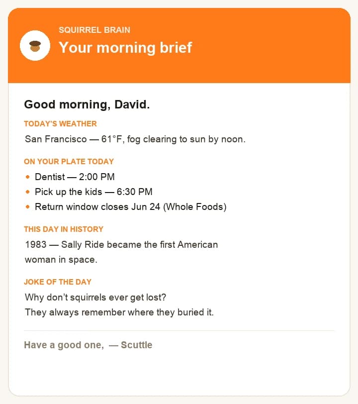 The morning brief email — weather, your day, this day in history, and a joke