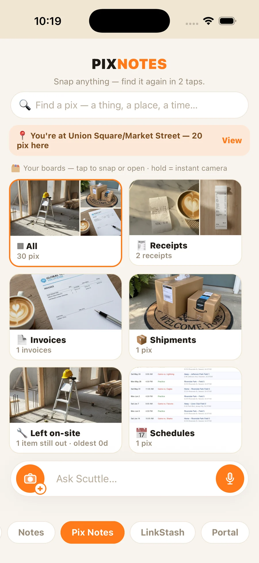 Squirrel Brain Pix board wall — auto-built boards and a live location banner showing photos taken nearby