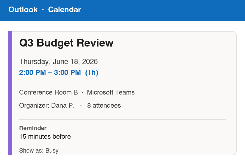 Outlook calendar event — screenshot this