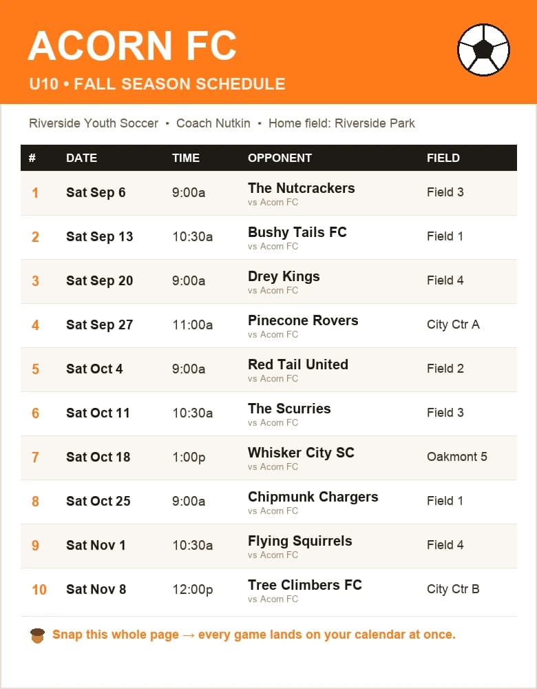 Acorn FC fall season schedule on the fridge — the photo you snap